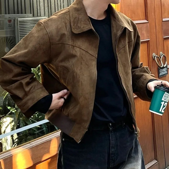 Elegant Brun Herrejakke – Vintage Kort Jakke med Glidelås og Løs Passform