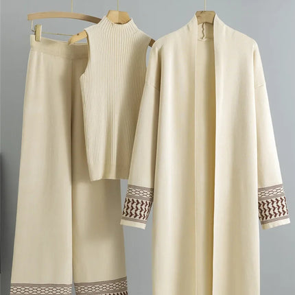 Elegant 3-delt Strikkesett – Høytlivsbukser, Vest og Lang Cardigan