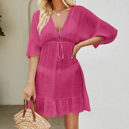 Strandkjole Cover-Up – Løs og Elegant Falbala Design i Transparent Stoff