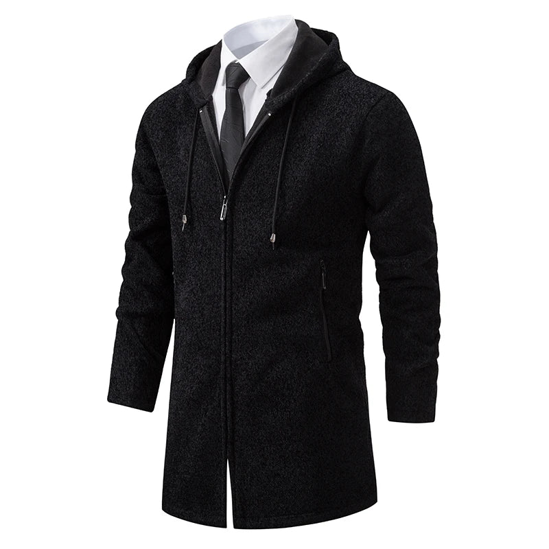 Herre Lang Cardigan med Hette – Varm Vinterjakke i Fleece & Strikk | Koreansk Designerstil