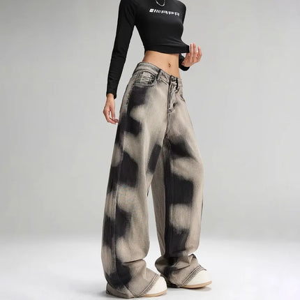 Vintage grå baggy jeans – Y2K tie-dye (dame)