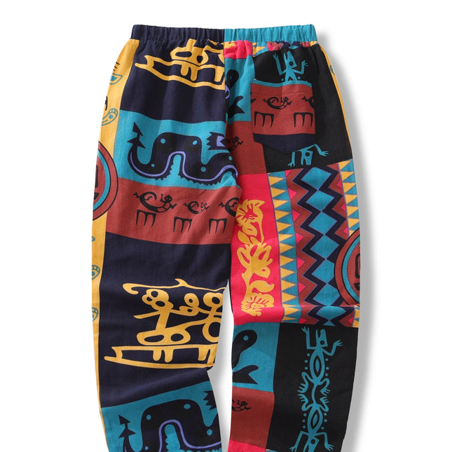 Boho Linbukser for Herre – Lettere Sommerbukser med Tribal Print & Snor i Midjen | Komfortable Joggebukser i Bomullsblanding