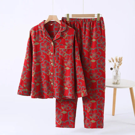 Jacquard Pysjamasett i Bomull (Garnfarget) – 2-delt Langermet Sett med Etnisk Mønster | Høst Loungewear