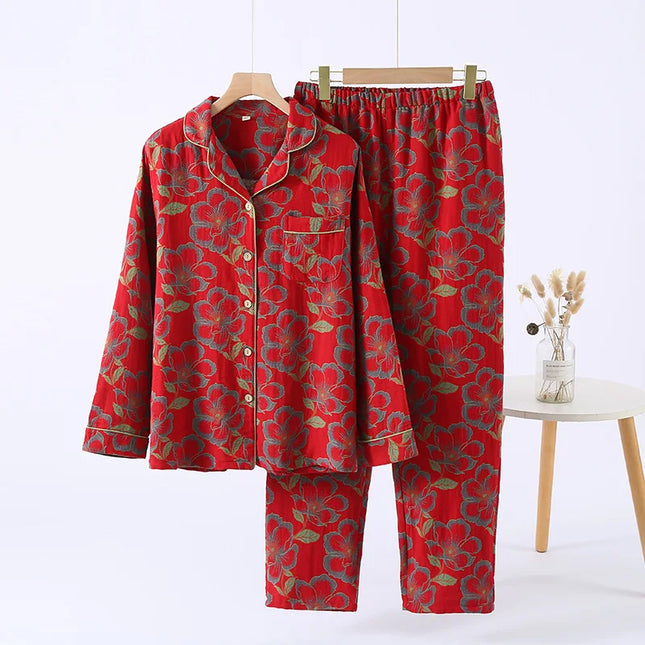 Jacquard Pysjamasett i Bomull (Garnfarget) – 2-delt Langermet Sett med Etnisk Mønster | Høst Loungewear