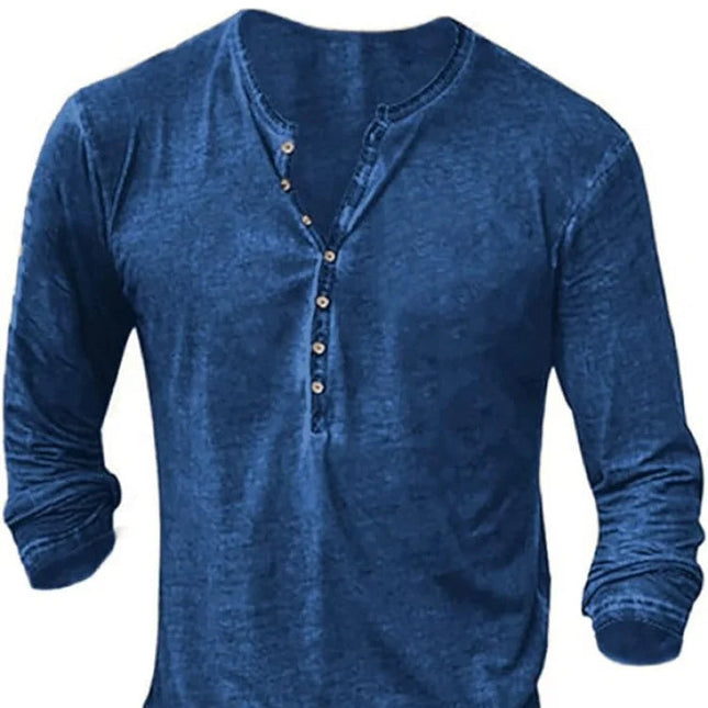 Vintage Henley Langermet T-skjorte for Menn – Vasket Retro Stil med Knappelukking | Komfortabel og Avslappet Hverdagsgenser