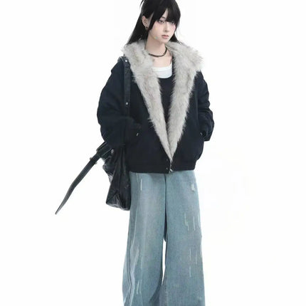 Unisex Retro Skinnjakke med Fuskepelskrage – Varm, Løs & Trendy Motorsykkeljakke i Harajuku-stil