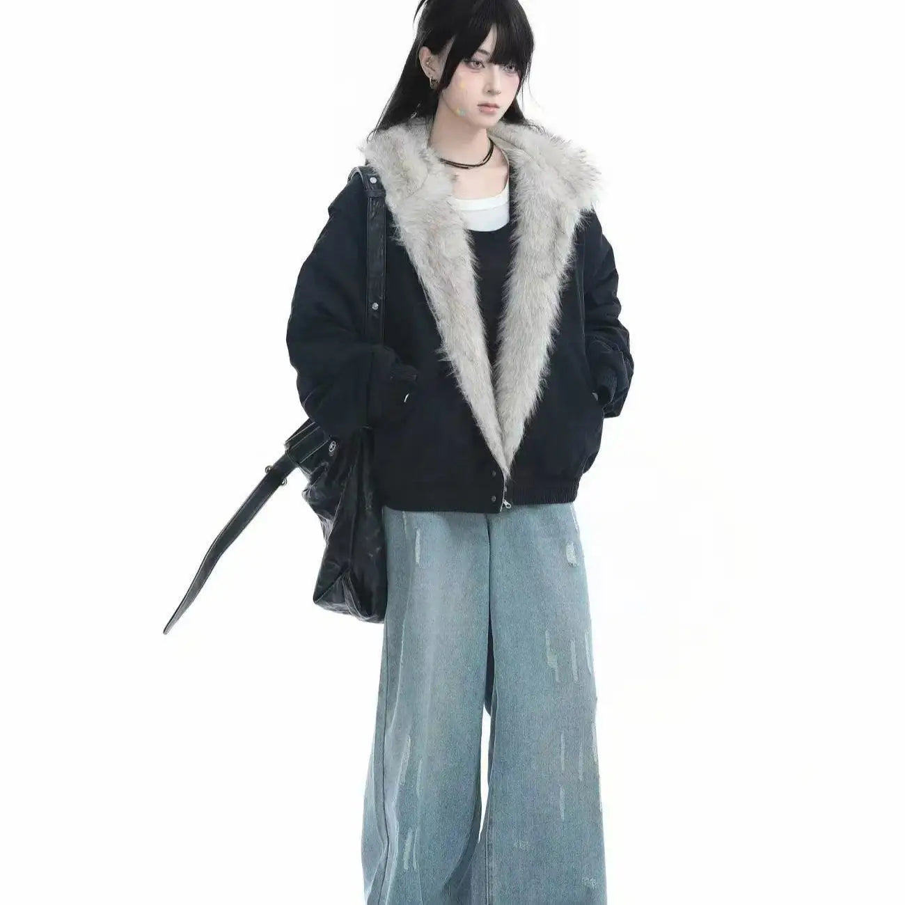 Unisex Retro Skinnjakke med Fuskepelskrage – Varm, Løs & Trendy Motorsykkeljakke i Harajuku-stil