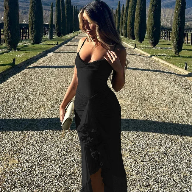 Elegant Gul Maxi-Kjole med Volanger – Ermeløs, Ryggløs og Plissert Festkjole