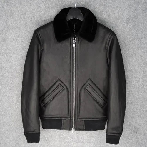 Eksklusiv Herrejakke i Ekte Skinn & Saueskinnspels – Varm Pilotjakke i Luksuskvalitet | Vinterfrakk