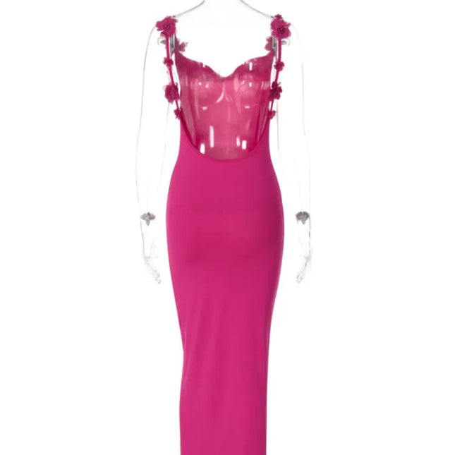 Elegant Maxikjole i Rose Rosa – Figurnær Slipdress med Spagettistropper og Åpen Rygg