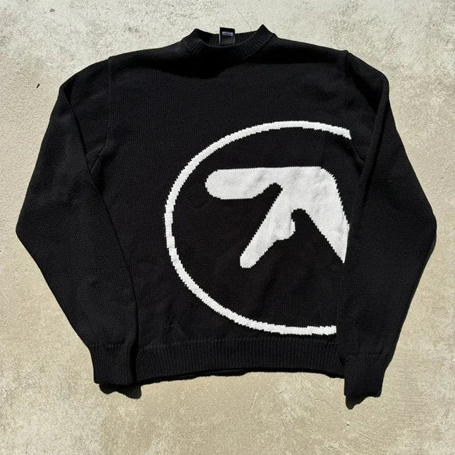 Y2K Aphex Twin Genser for Menn – Oversized Strikkegenser med Grafisk Mønster | Vintage Streetwear & Gotisk Stil