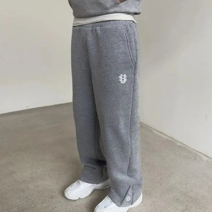 Y2K Joggebukse – Grå Brodert Streetwear | Unisex Retro Hip Hop Sweatpants