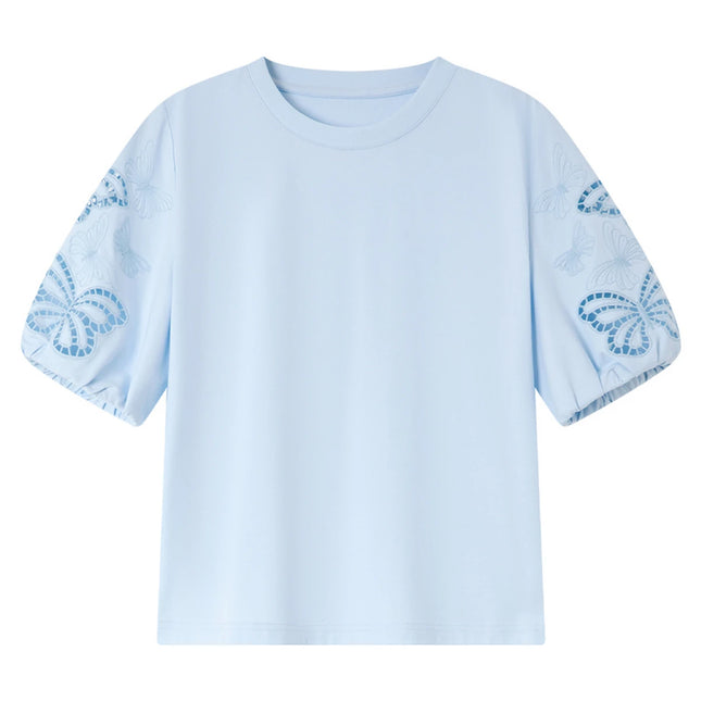 Hvit T-skjorte til Dame med Sommerfuglbroderi – Elegant Hollow Out Sommerstil