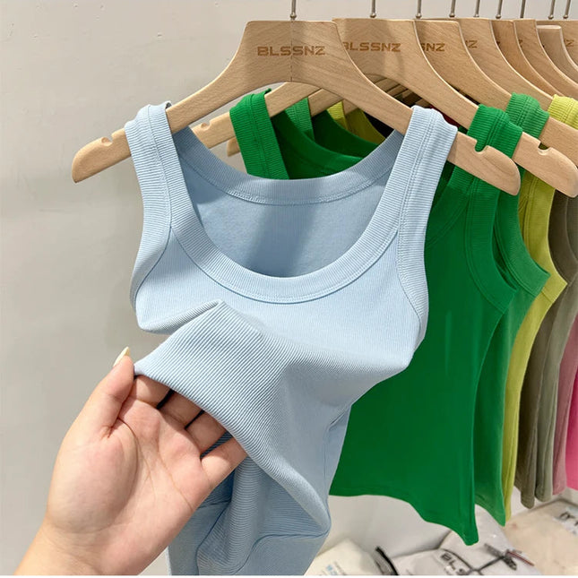 Ribbestrikket Rundhalset Topp – Basic Sommer Singlet for Dame