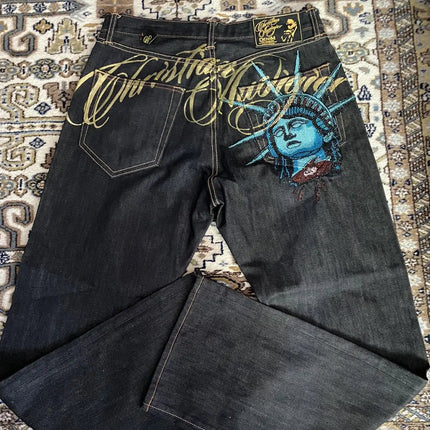 Y2K Denim Jeans for Dame – Høytlivs Vide Bukser med Statue of Liberty & Diamantdetaljer | Vintage 2000-talls Harajuku Stil