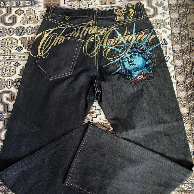 Y2K Denim Jeans for Dame – Høytlivs Vide Bukser med Statue of Liberty & Diamantdetaljer | Vintage 2000-talls Harajuku Stil