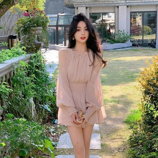Elegant sommerkjole med puff-ermer – Off Shoulder mini-kjole i chiffon