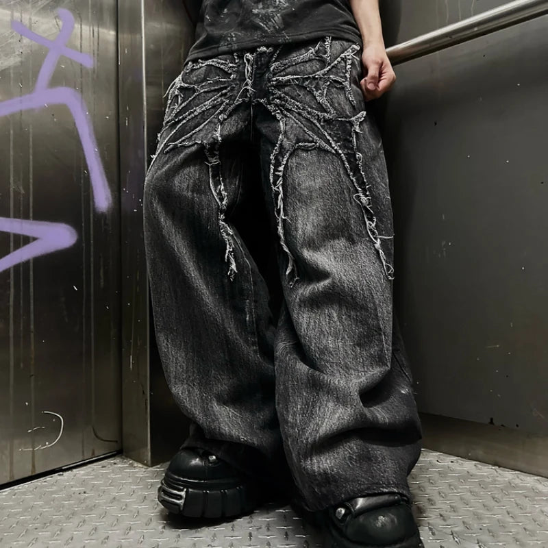 Y2K Phantom Jeans – Unisex Baggy Jeans med Brodert Edderkoppmotiv | Gothic & Hip-Hop Streetwear i Oversized Stil