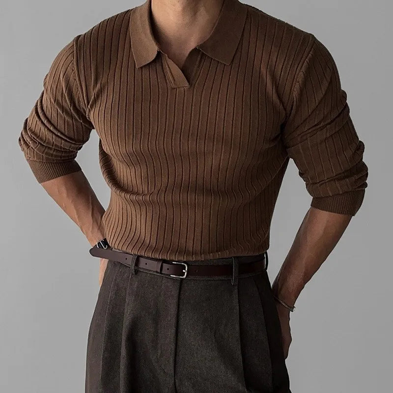 Herre Strikket Polo i Jacquard – Elegant V-hals & Langermet Genser
