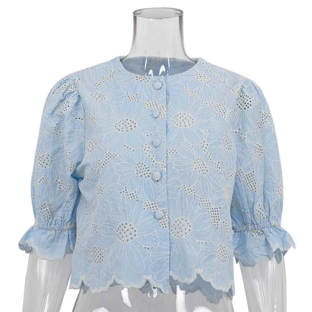 Elegant Blåmønstret Skjorte til Dame – Rund Hals & Halvlange Ermer i Bomull