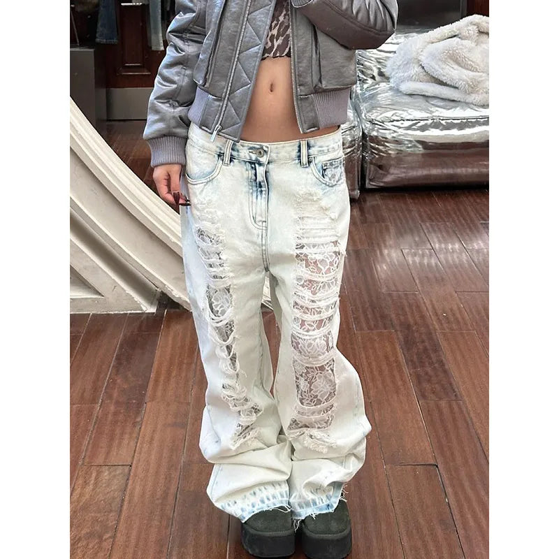 Lyseblå Ripped Jeans for Dame – Høyt Liv & Løs Passform | Vintage Straight Fit Denim i Y2K Street-stil