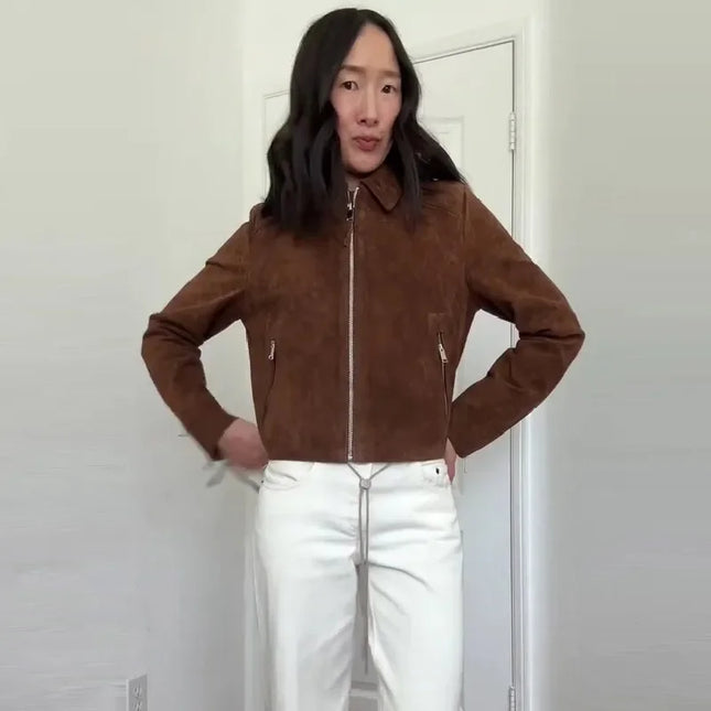 Vintage Semsket Kort Jakke til Dame – Streetwear med Glidelås & Krage