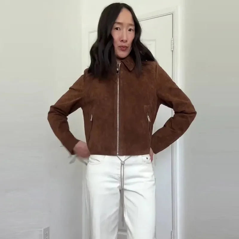 Vintage Semsket Kort Jakke til Dame – Streetwear med Glidelås & Krage