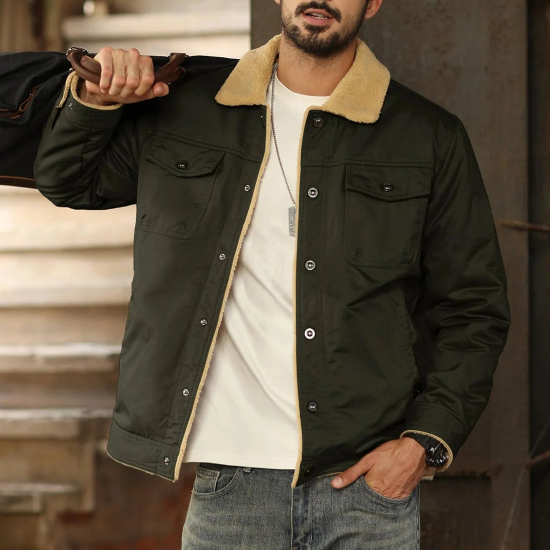 Herre – Vinterjakke med sherpa-fôr (trucker/parka) i bomull, grønn