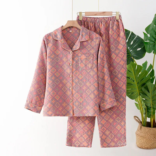 Jacquard Pysjamasett i Bomull (Garnfarget) – 2-delt Langermet Sett med Etnisk Mønster | Høst Loungewear