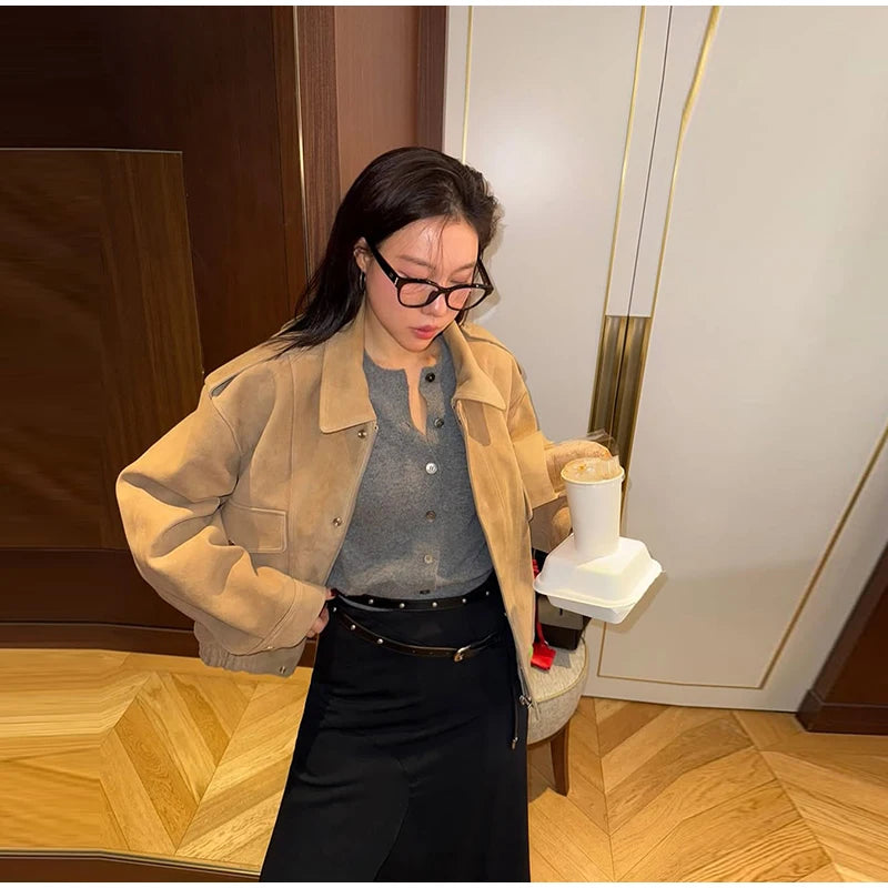 Dame Bomberjakke – Vintage Semsket Patchwork med Glidelås & Lommer