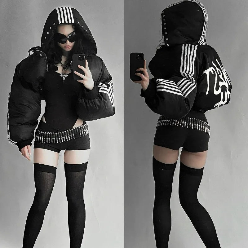 Stripet Vinterjakke for Dame – Varm og Løs Bomullspolstret Jakke | Harajuku Streetwear Stil med Glidelås