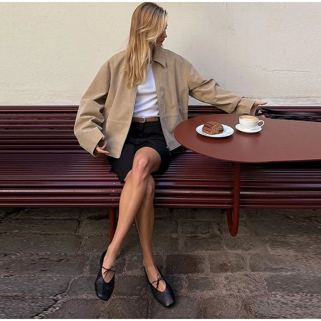 Dame Bomberjakke – Vintage Semsket Patchwork med Glidelås & Lommer