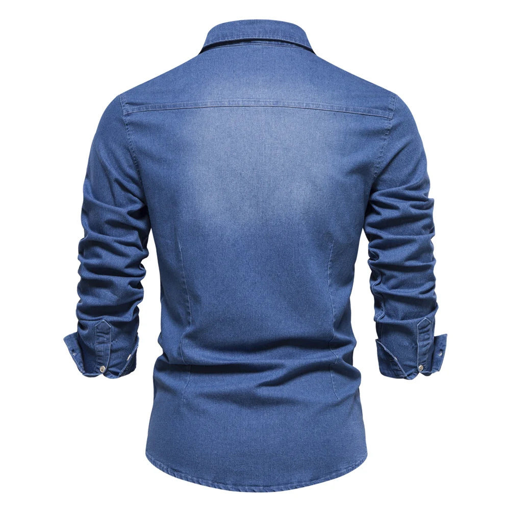 Slim Fit Denimskjorte for Herre – Elastisk Bomull og Klassisk Cowboy-stil med Moderne Passform