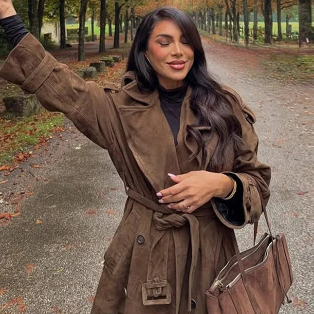 Lang Semsket Frakk for Dame – Elegant Dobbeltspent Jakke med Belte | Vintage Stil til Høst og Vinter 2025