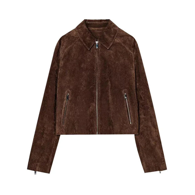 Vintage Semsket Kort Jakke til Dame – Streetwear med Glidelås & Krage