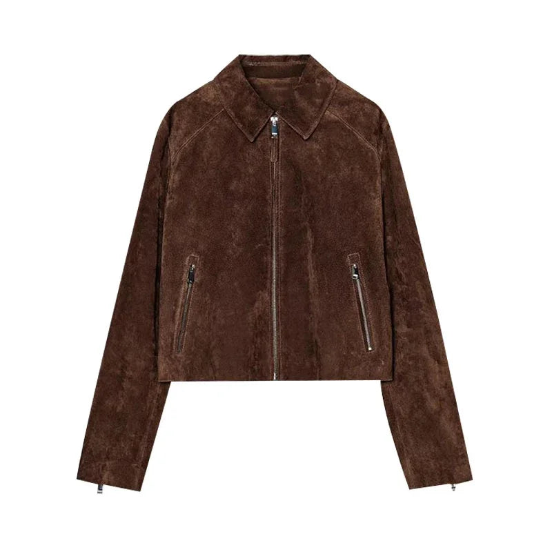 Vintage Semsket Kort Jakke til Dame – Streetwear med Glidelås & Krage