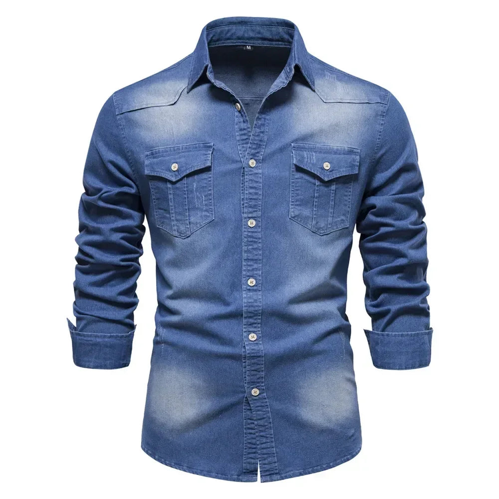 Slim Fit Denimskjorte for Herre – Elastisk Bomull og Klassisk Cowboy-stil med Moderne Passform