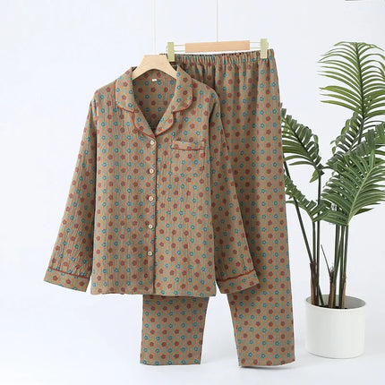 Jacquard Pysjamasett i Bomull (Garnfarget) – 2-delt Langermet Sett med Etnisk Mønster | Høst Loungewear