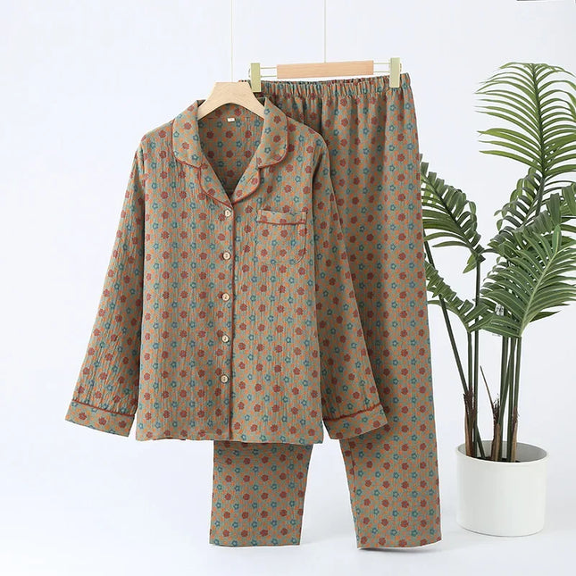 Jacquard Pysjamasett i Bomull (Garnfarget) – 2-delt Langermet Sett med Etnisk Mønster | Høst Loungewear