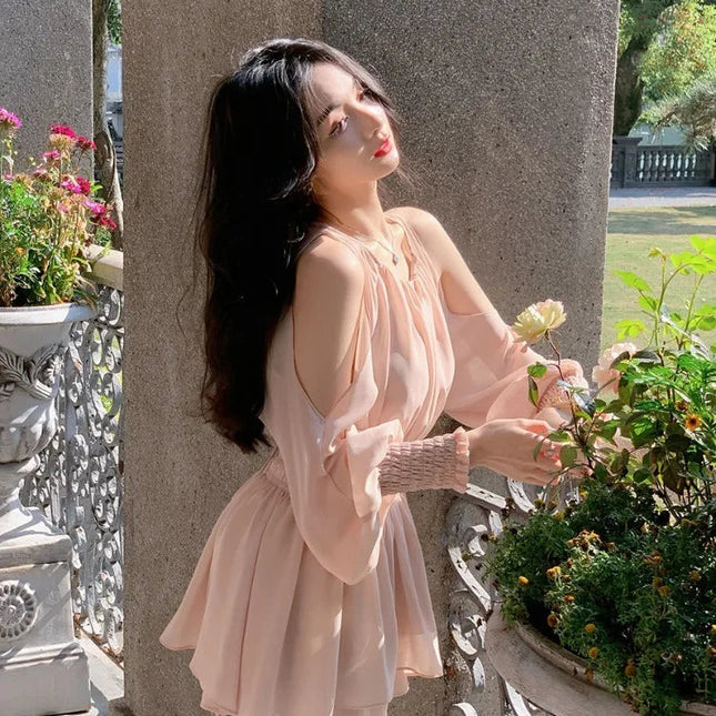 Elegant sommerkjole med puff-ermer – Off Shoulder mini-kjole i chiffon