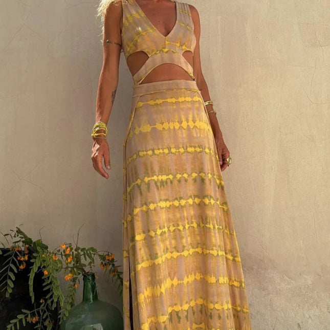 Ermeløs Sommerkjole med V-hals og Utskjæringer – Elegant Patchwork Kjole for Dame