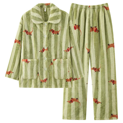 Varm Pølsehund-Pysjamas (2-delt) – Langermet Skjortetopp med Krage + Bukse | Vinter Loungewear