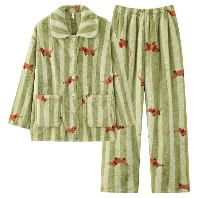 Varm Pølsehund-Pysjamas (2-delt) – Langermet Skjortetopp med Krage + Bukse | Vinter Loungewear