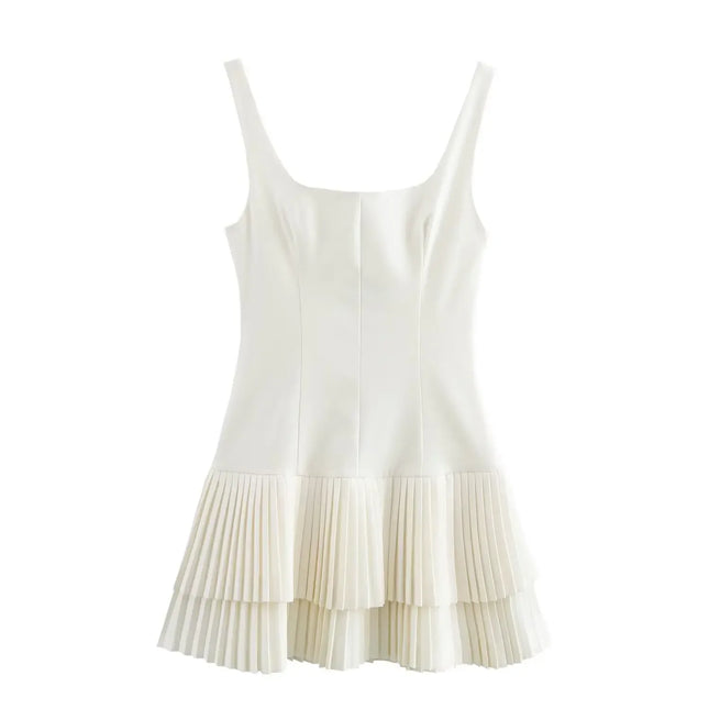 Ermeløs Minikjole med Firkantet Utringning – Elegant Plissert Sommerkjole i Ensfarget Design