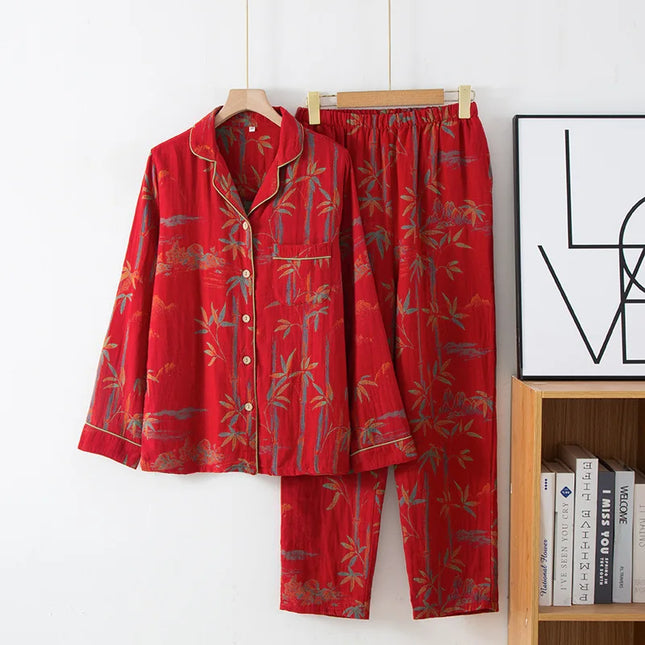 Par-Pysjamas i Bomullsmusselin (Dobbel Gasbind) – 2-delt Sett med Tynn Langermet Topp + Bukse | Vår/Sommer Loungewear