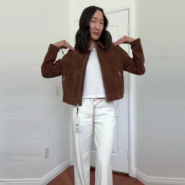 Vintage Semsket Kort Jakke til Dame – Streetwear med Glidelås & Krage