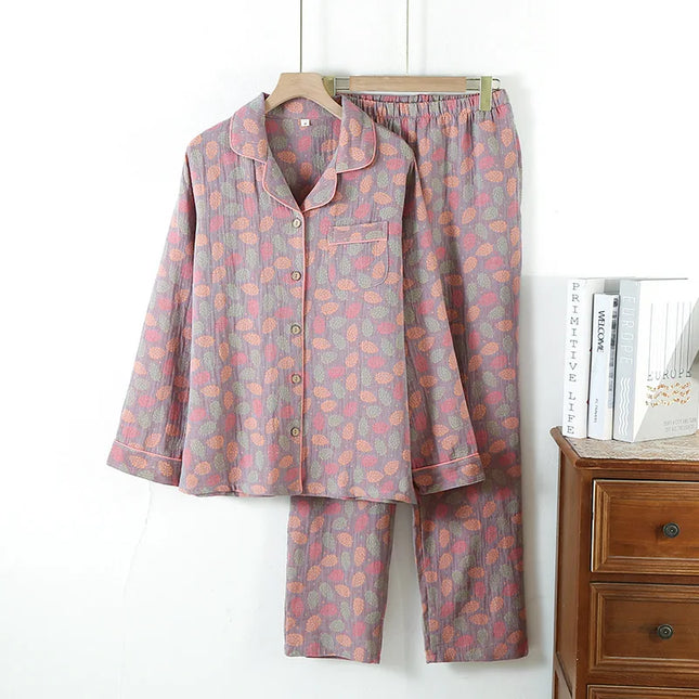 Jacquard Pysjamasett i Bomull (Garnfarget) – 2-delt Langermet Sett med Etnisk Mønster | Høst Loungewear