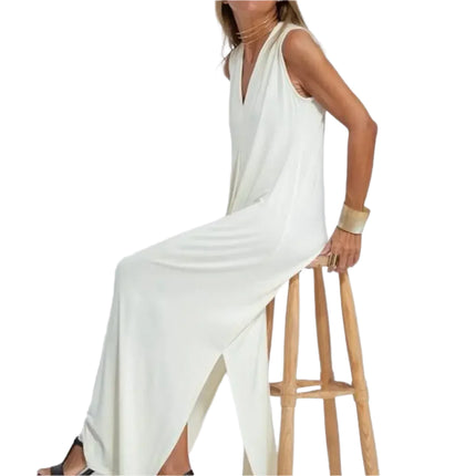 Sommerens Elegante V-hals Maxi-kjole – Ermeløs, Løs Passform og Splittdetalj