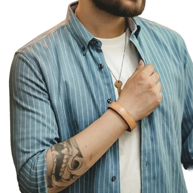 Retro Arbeidsskjorte for Menn – Børstet Blå Stripet Skjorte i Amerikansk Stil | Langermet Business Casual Skjorte til Høsten