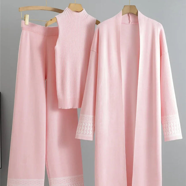 Elegant 3-delt Strikkesett – Høytlivsbukser, Vest og Lang Cardigan